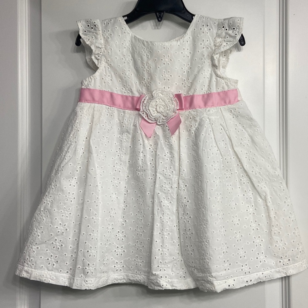 Goodlad Girls White Eyelet Dress Pink ribbon with white eyelet bow 3T